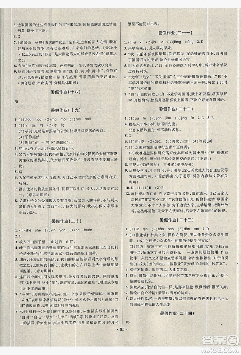 2019陽光假期年度總復(fù)習(xí)七年級語文人教版答案