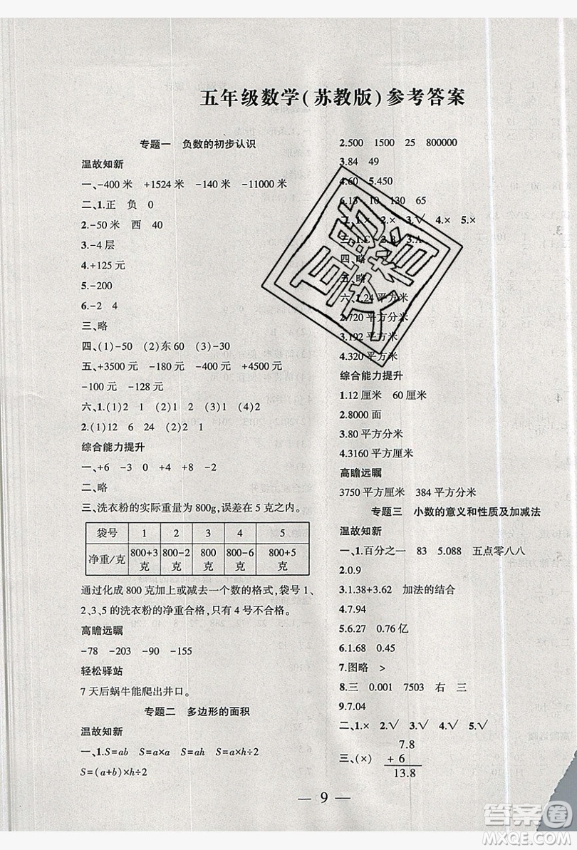 2019假期總動員暑假必刷題五年級數(shù)學蘇教版答案