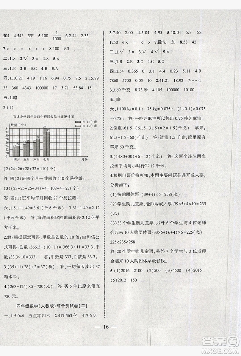 2019假期總動員暑假必刷題四年級數(shù)學(xué)人教版答案