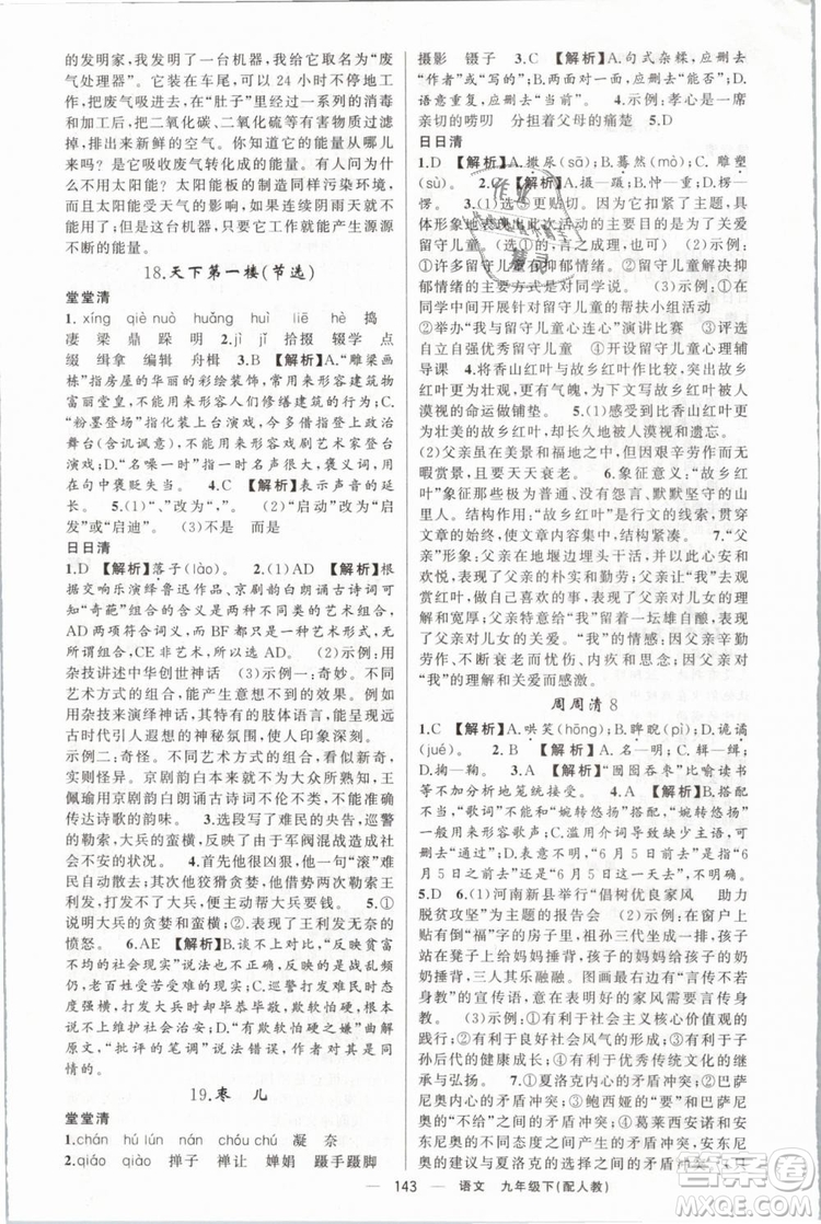 2019年四清導(dǎo)航人教版九年級語文下冊答案