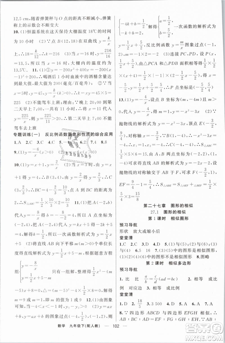 2019年四清導航九年級數(shù)學下冊人教版答案