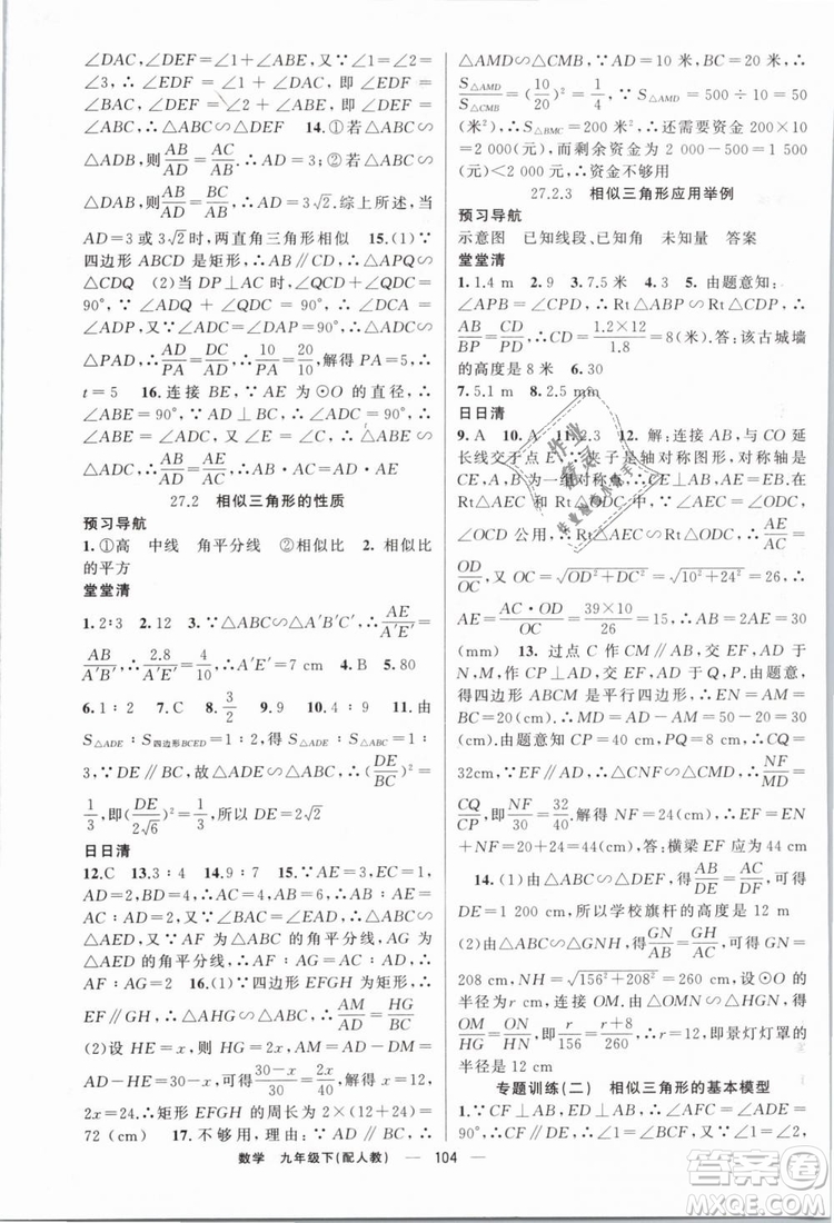 2019年四清導航九年級數(shù)學下冊人教版答案