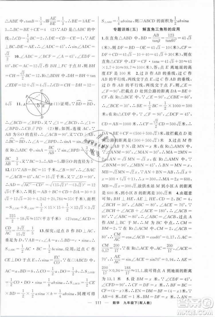 2019年四清導航九年級數(shù)學下冊人教版答案