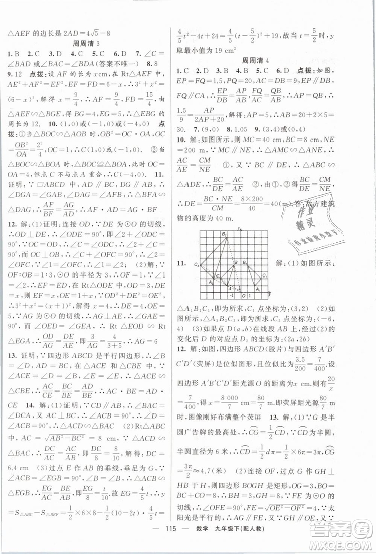 2019年四清導航九年級數(shù)學下冊人教版答案