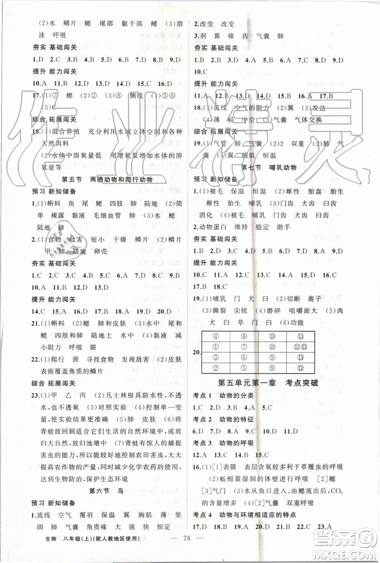 第1課堂2019年秋黃岡100分闖關(guān)上冊八年級生物人教版參考答案