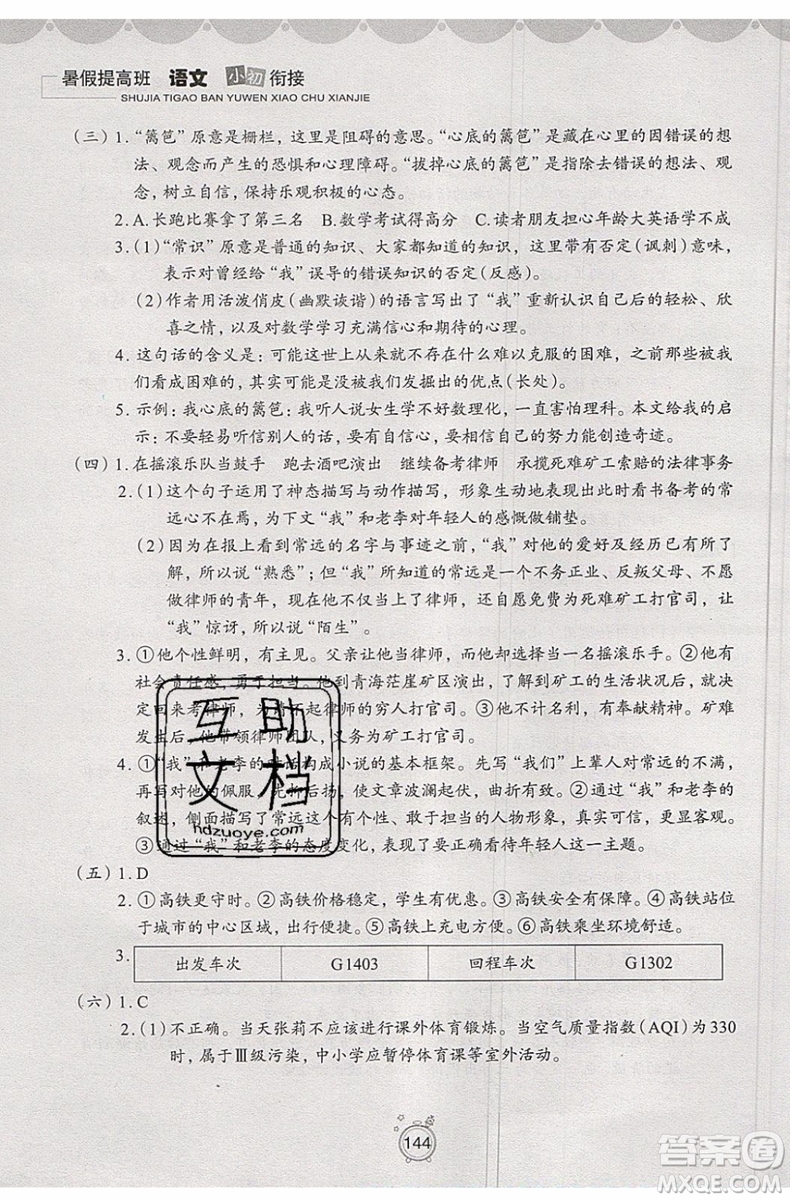 2019年暑假提高班語文小升初銜接假期作業(yè)參考答案