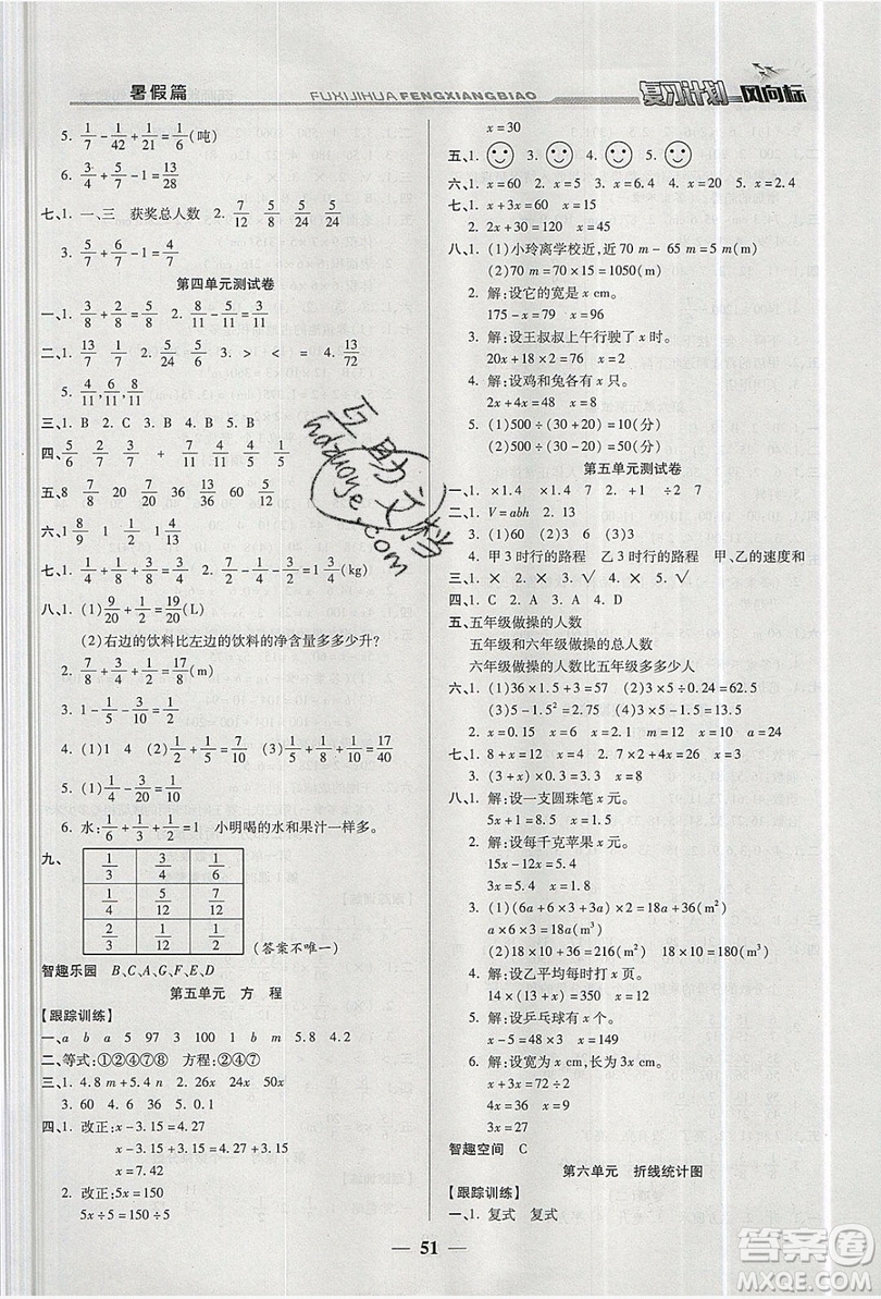 2019小學(xué)生復(fù)習(xí)計(jì)劃風(fēng)向標(biāo)暑假五年級(jí)數(shù)學(xué)西師大版答案