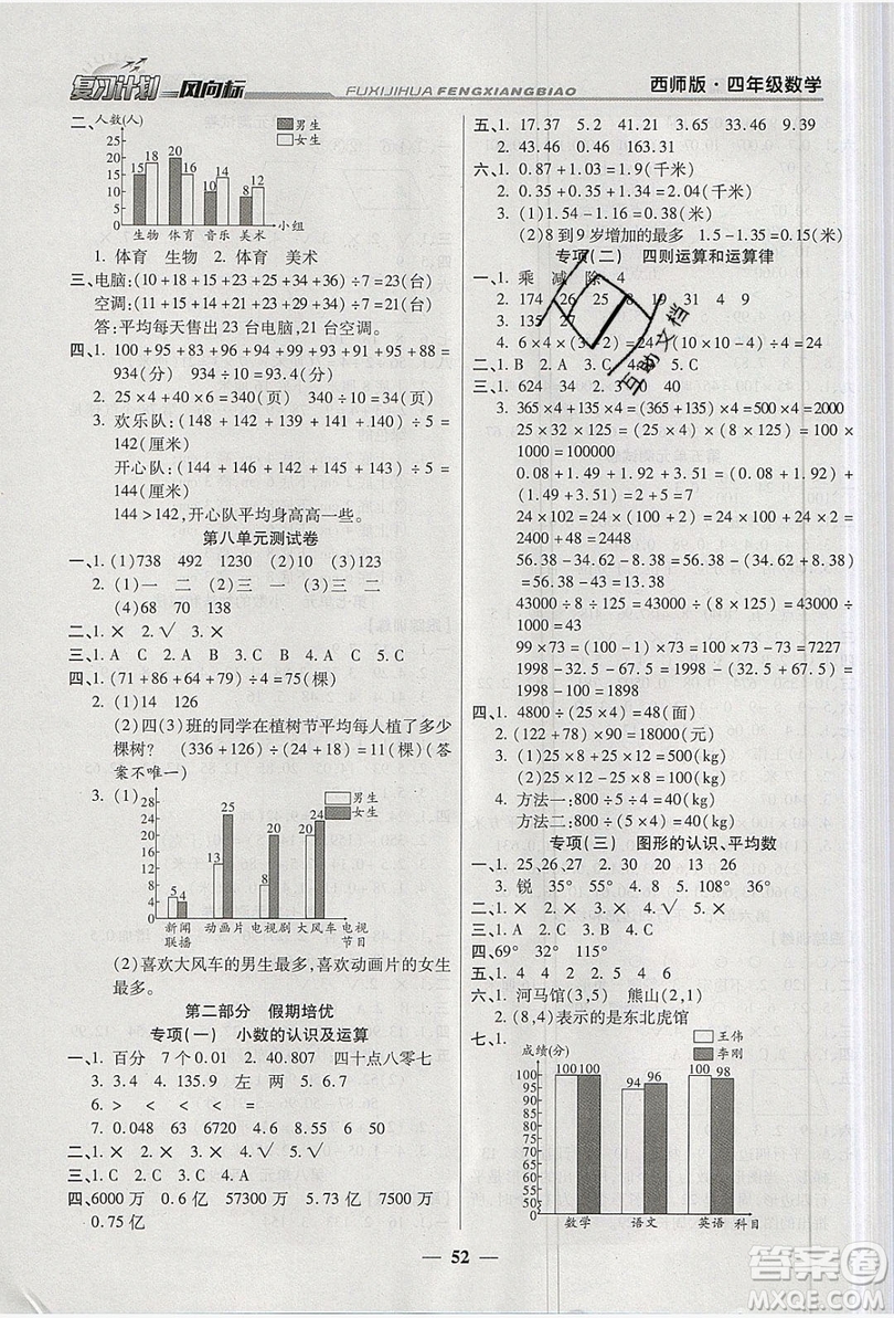 2019小學(xué)生復(fù)習(xí)計(jì)劃風(fēng)向標(biāo)暑假四年級(jí)數(shù)學(xué)西師大版答案