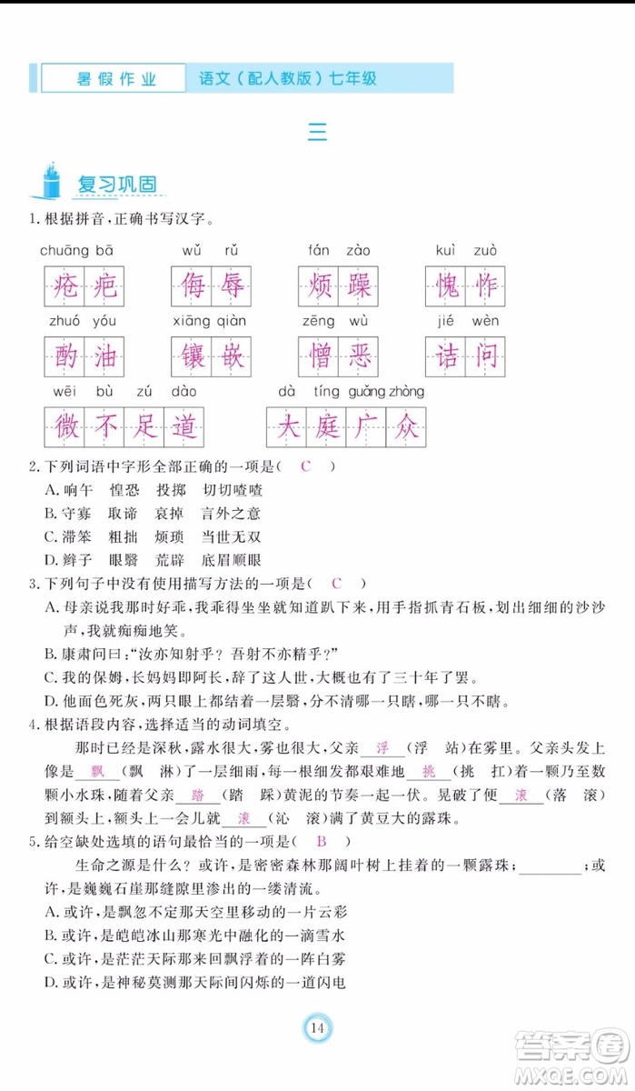 芝麻開花2019年暑假作業(yè)七年級語文人教版參考答案