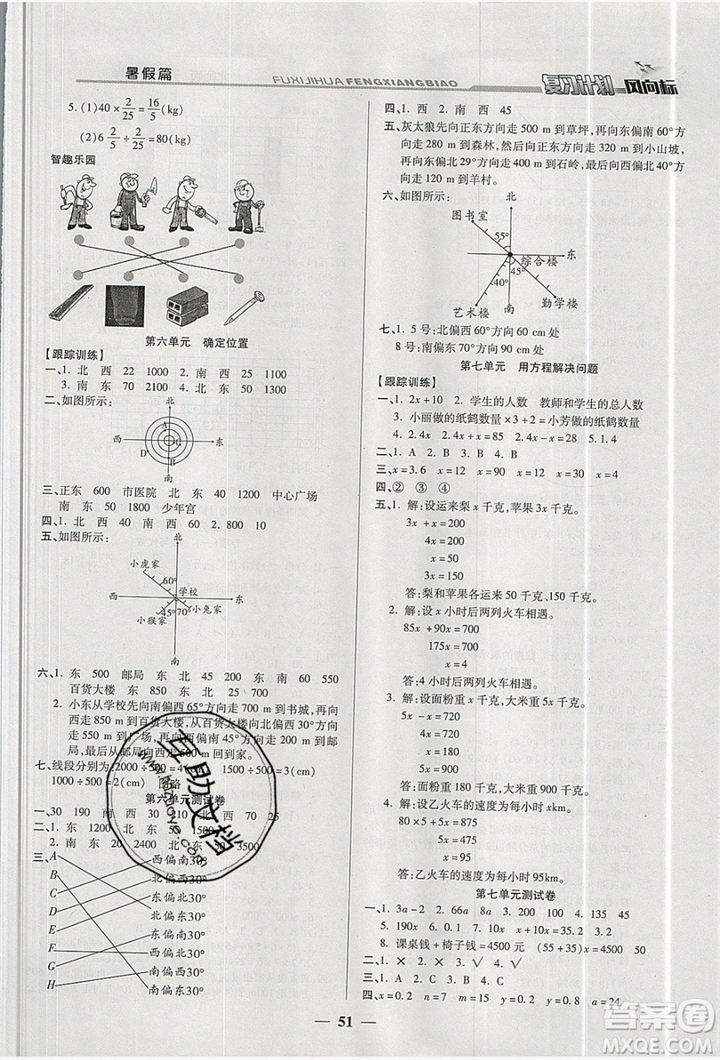 2019小學(xué)生復(fù)習(xí)計(jì)劃風(fēng)向標(biāo)暑假五年級(jí)數(shù)學(xué)北師大版答案