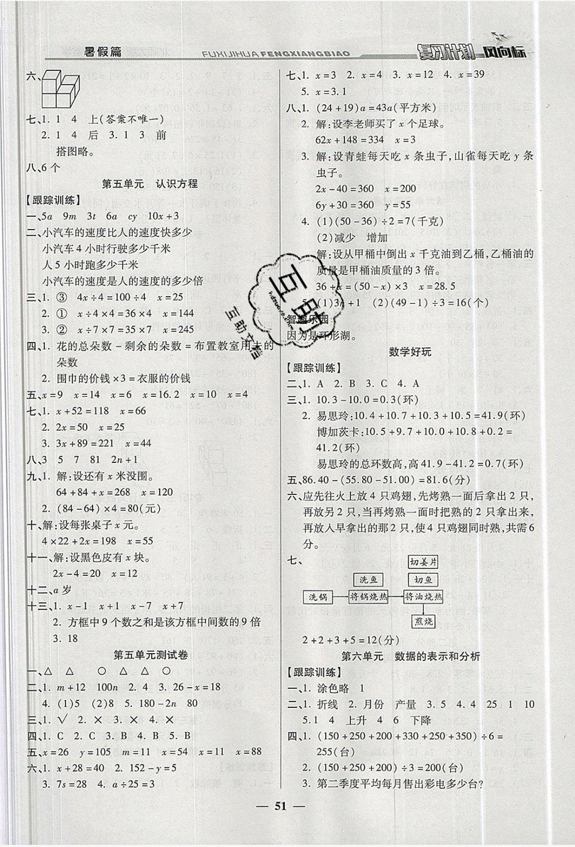 2019小學(xué)生復(fù)習(xí)計劃風(fēng)向標(biāo)暑假四年級數(shù)學(xué)北師大版答案