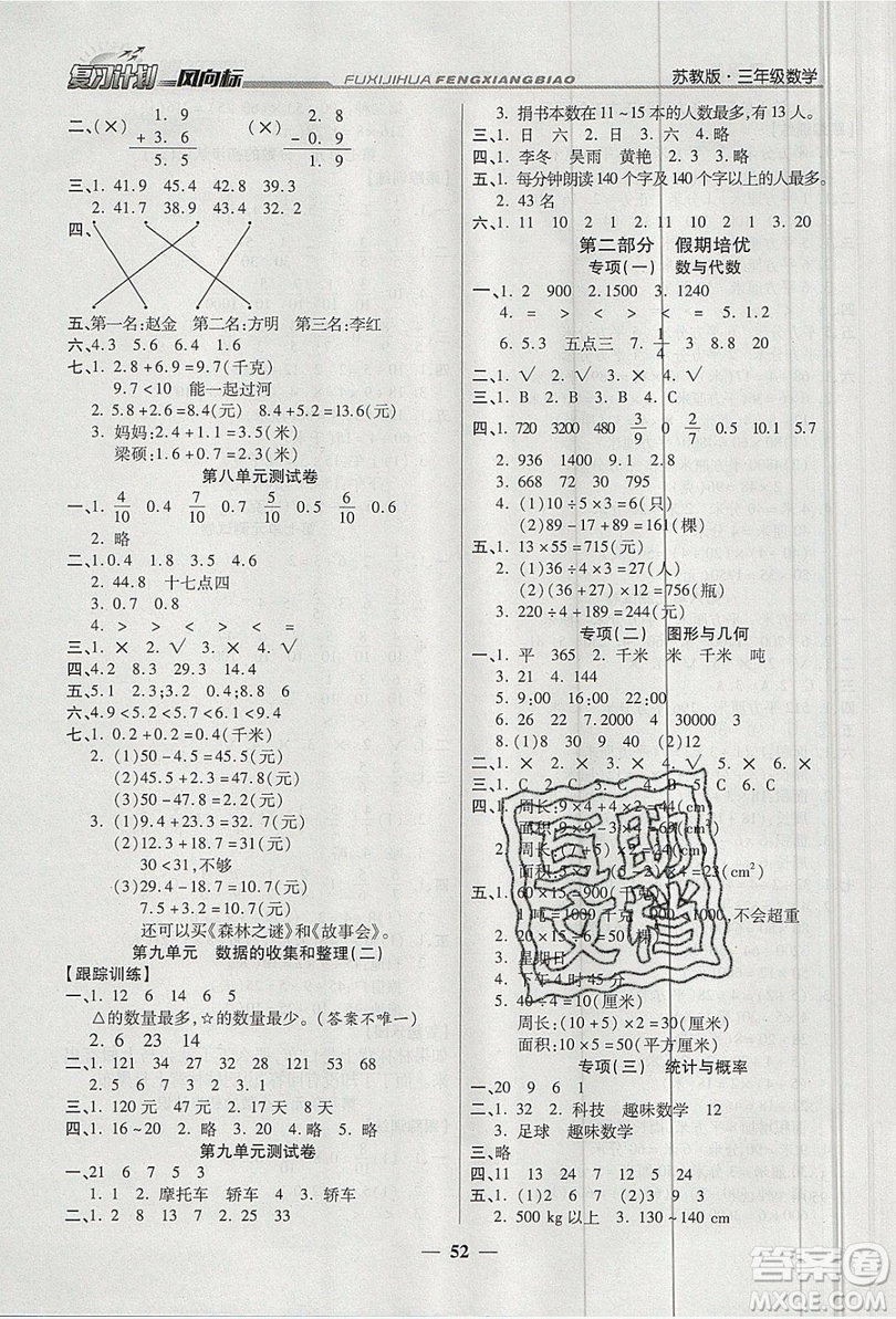 2019小學(xué)生復(fù)習(xí)計劃風(fēng)向標(biāo)暑假三年級數(shù)學(xué)蘇教版答案