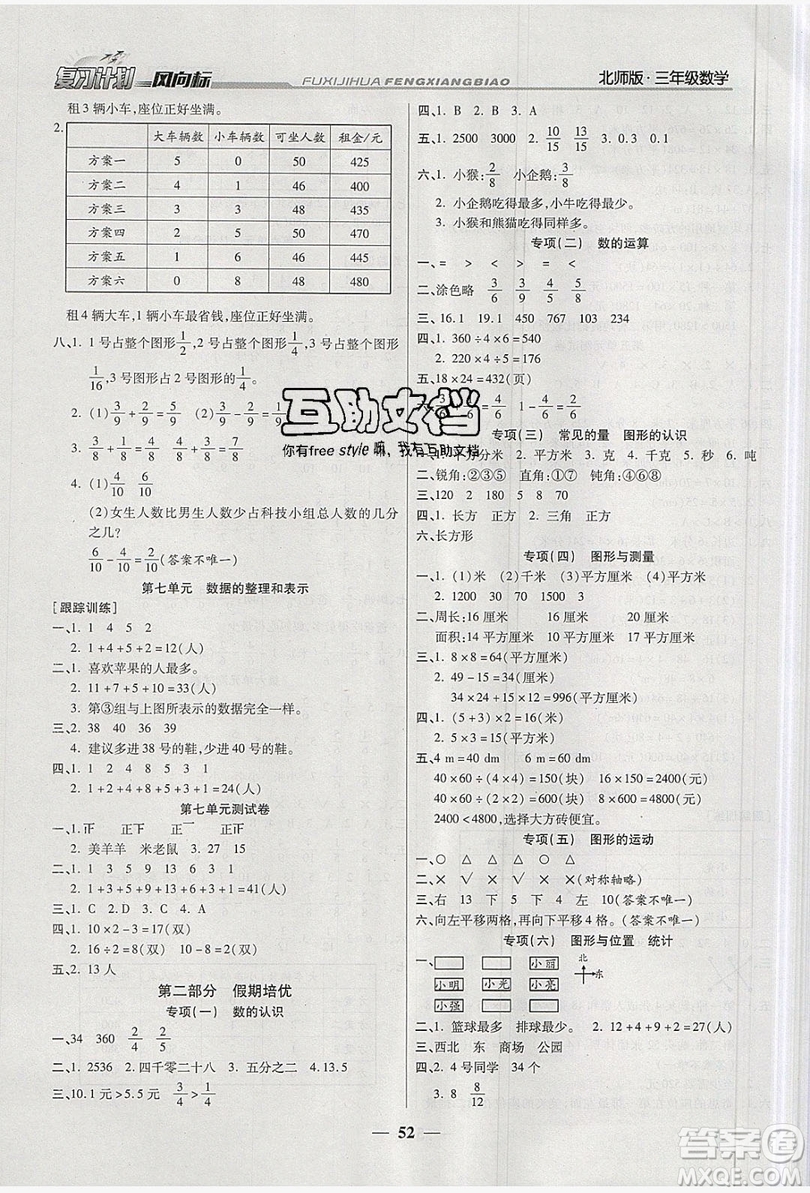 2019小學(xué)生復(fù)習(xí)計劃風向標暑假三年級數(shù)學(xué)北師大版答案