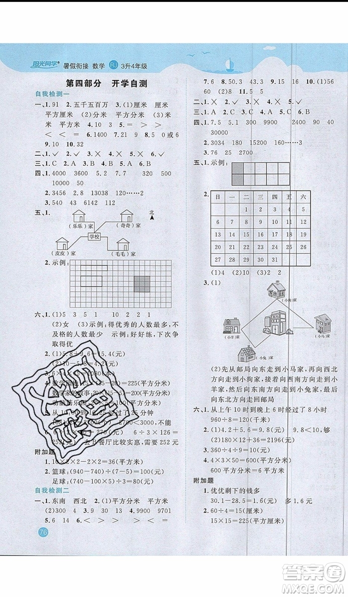 2019陽光同學(xué)暑假銜接三年級下冊數(shù)學(xué)3升4RJ人教版參考答案