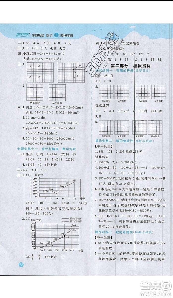 陽光同學(xué)2019年暑假銜接五年級下冊數(shù)學(xué)5升6人教版參考答案