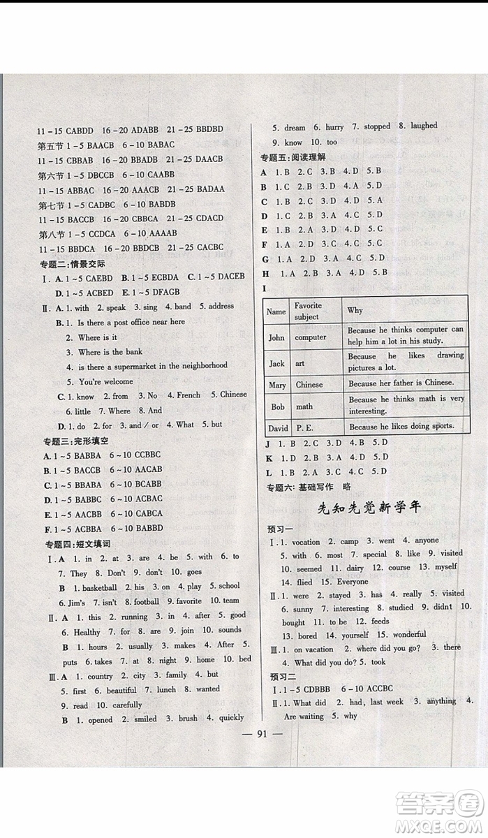 2019年高效A計(jì)劃期末暑假銜接七年級(jí)英語人教版RJ參考答案