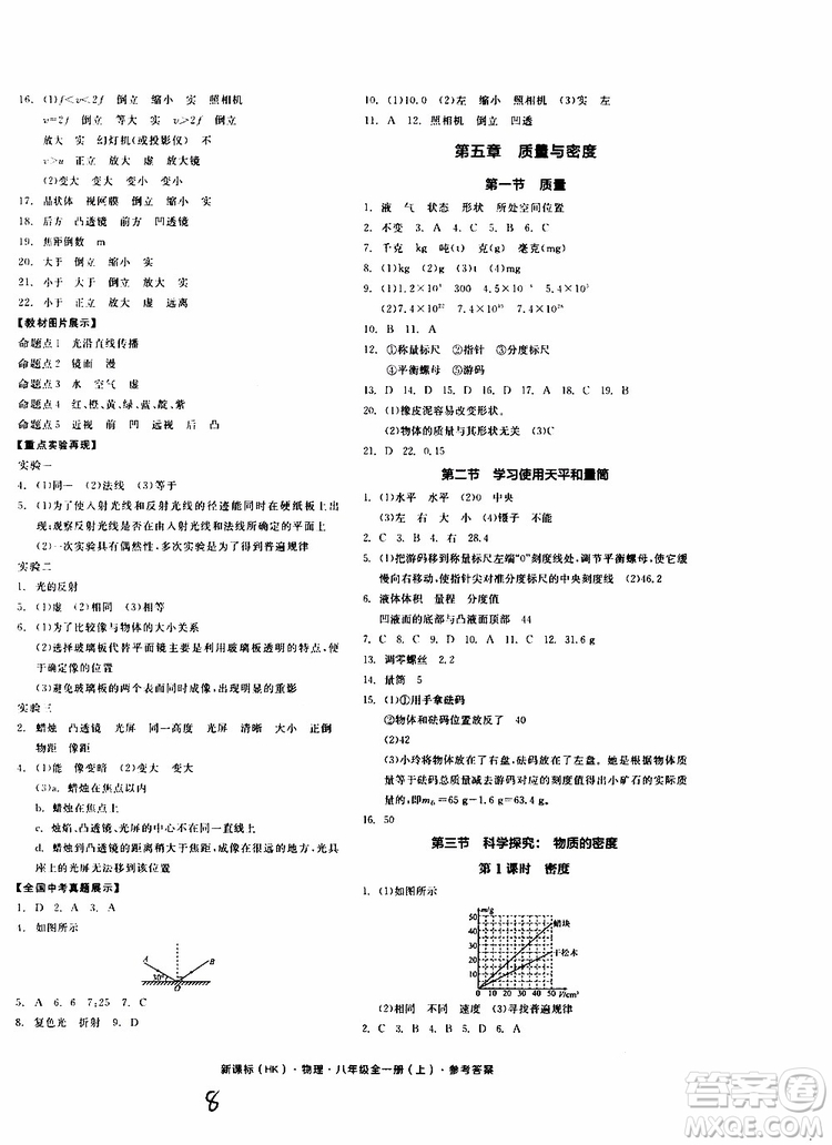 2019年全品作業(yè)本物理八年級全一冊上新課標(biāo)HK滬科版云南專用參考答案