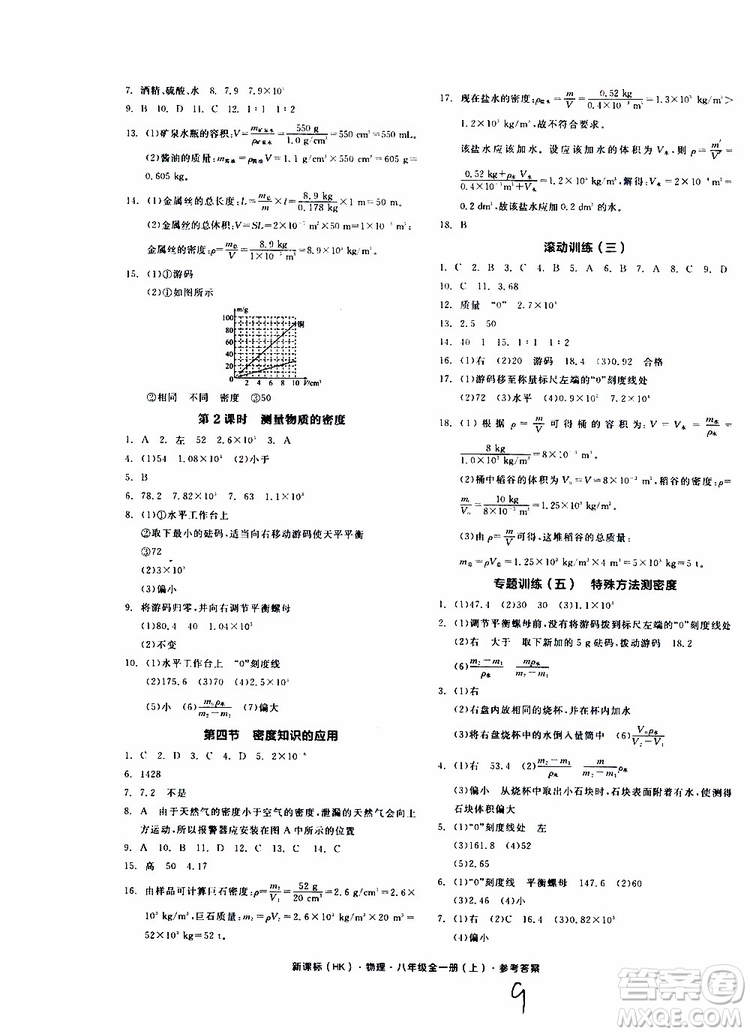 2019年全品作業(yè)本物理八年級全一冊上新課標(biāo)HK滬科版云南專用參考答案