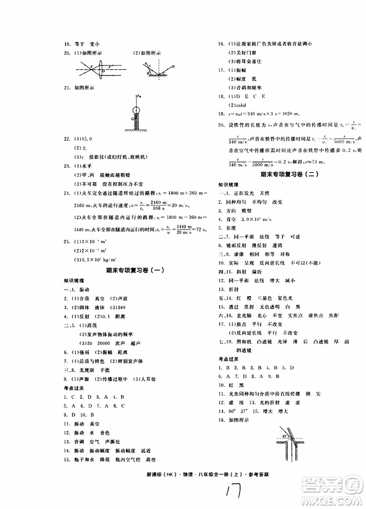 2019年全品作業(yè)本物理八年級全一冊上新課標(biāo)HK滬科版云南專用參考答案