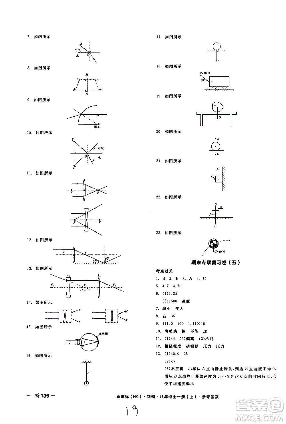 2019年全品作業(yè)本物理八年級全一冊上新課標(biāo)HK滬科版云南專用參考答案