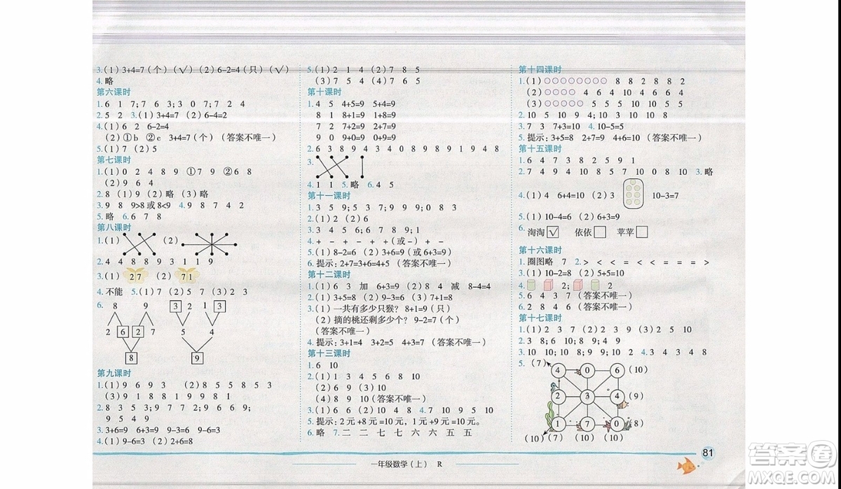 2019新版黃岡小狀元作業(yè)本一年級(jí)上冊(cè)數(shù)學(xué)R人教版參考答案