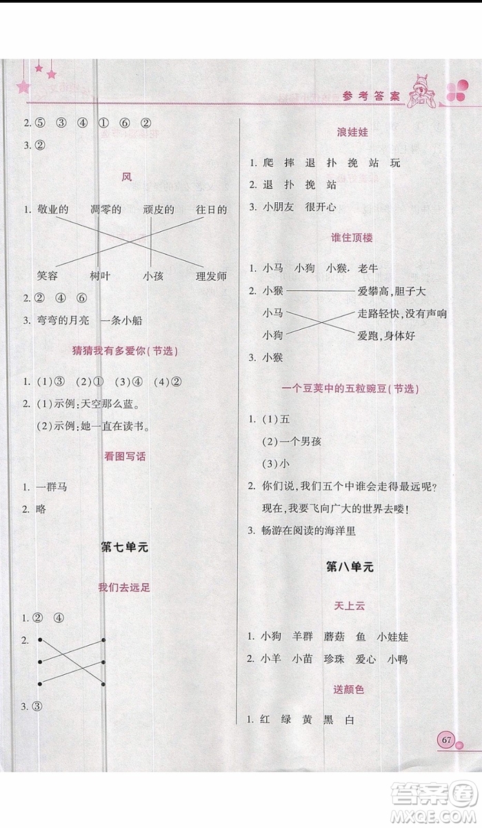 黃岡小狀元2019新版讀寫培優(yōu)小秘招一年級上冊語文參考答案