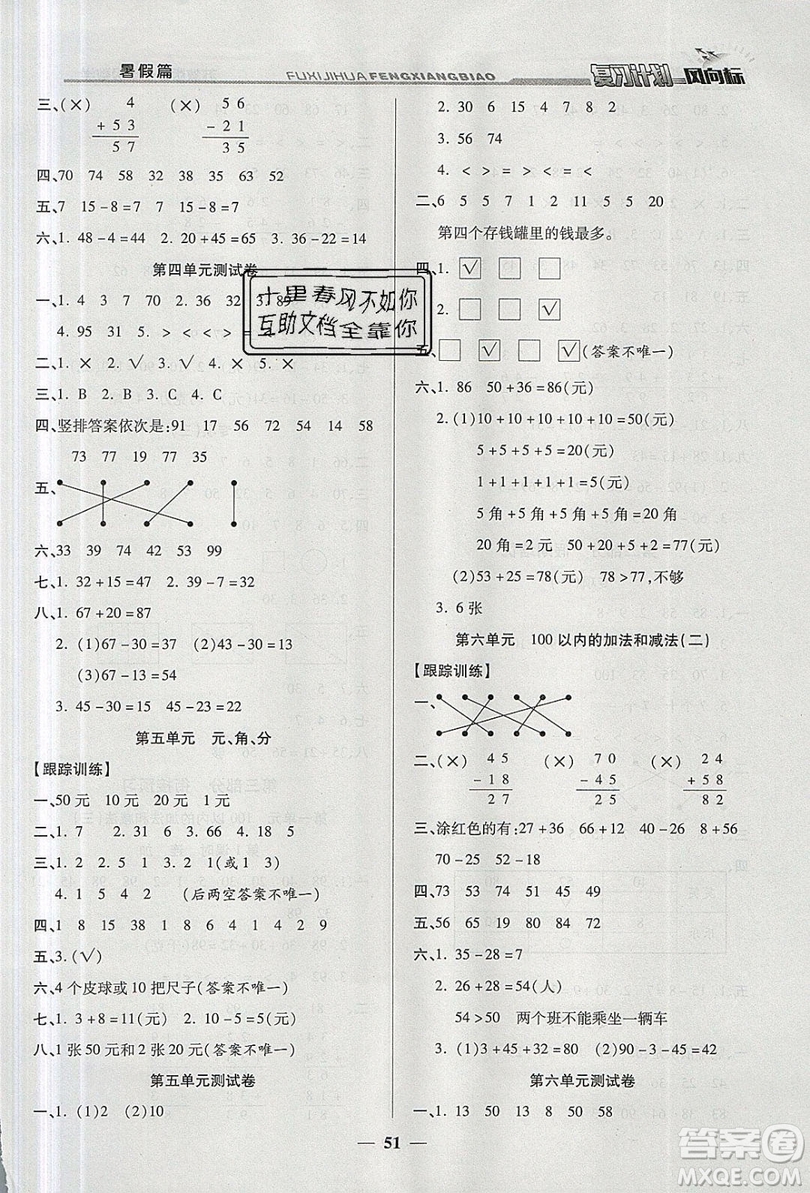 2019小學(xué)生復(fù)習(xí)計(jì)劃風(fēng)向標(biāo)暑假1年級(jí)數(shù)學(xué)蘇教版答案