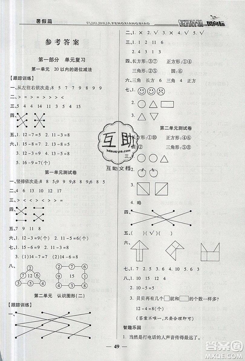 2019小學(xué)生復(fù)習(xí)計(jì)劃風(fēng)向標(biāo)暑假1年級(jí)數(shù)學(xué)蘇教版答案