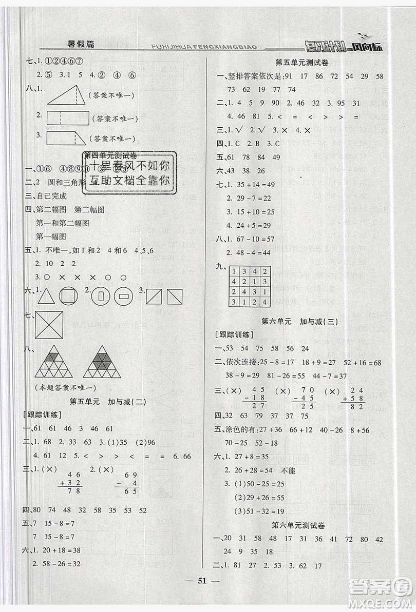 2019小學(xué)生復(fù)習(xí)計(jì)劃風(fēng)向標(biāo)暑假1年級數(shù)學(xué)北師大版答案