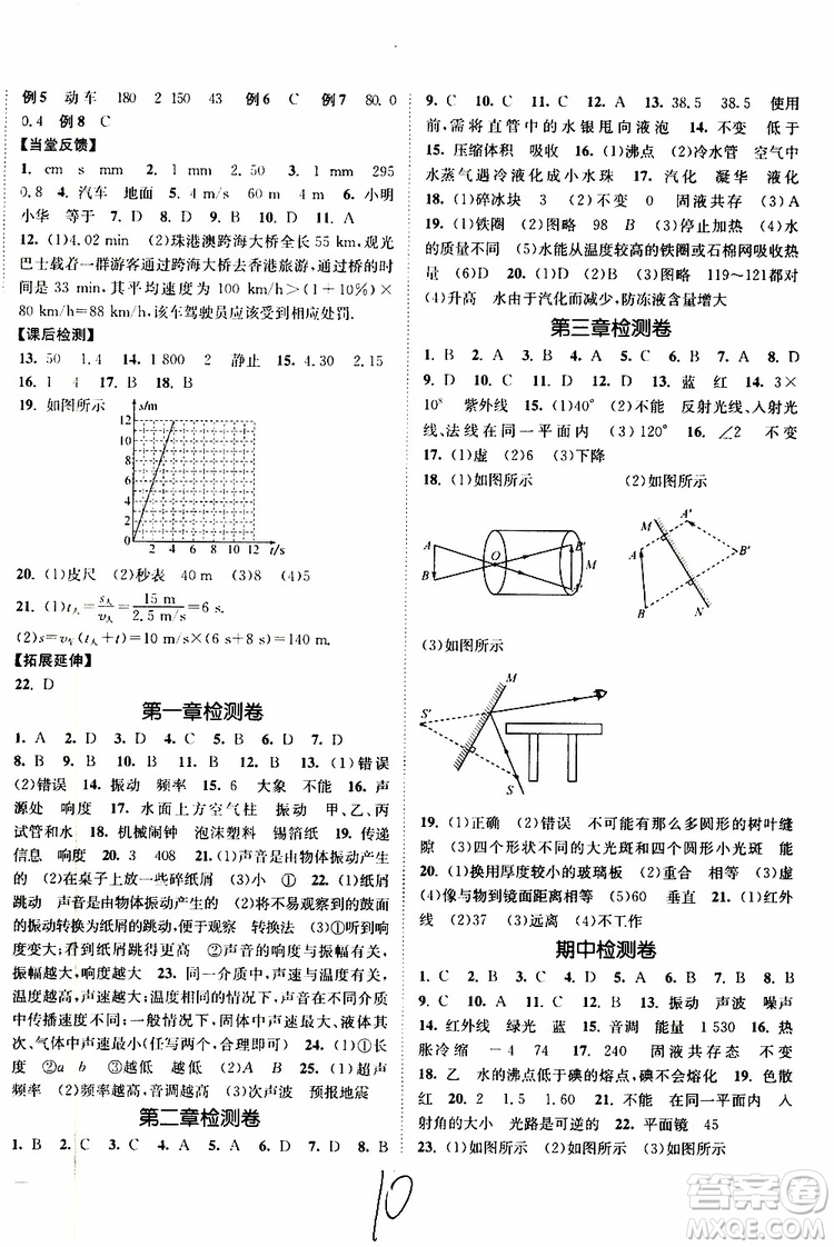 2019新版南通小題課時(shí)作業(yè)本八年級(jí)物理上冊(cè)蘇科版參考答案