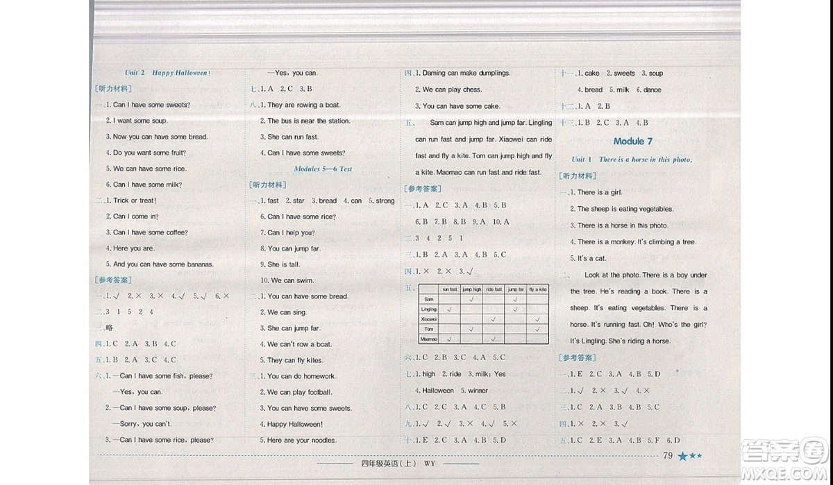 2019秋黃岡小狀元作業(yè)本四年級(jí)上冊(cè)英語(yǔ)外研版參考答案