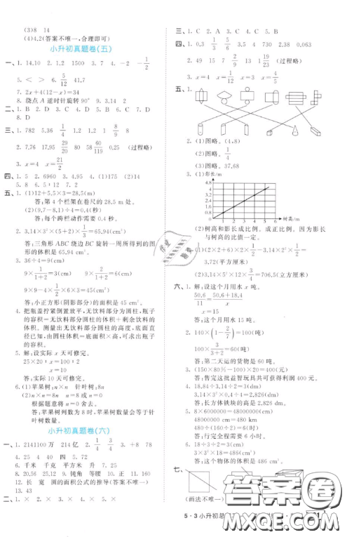 2019小學數學53小升初總復習考前講練測參考答案