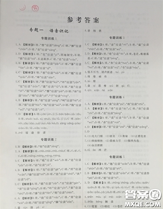 2019一飛沖天初中語文基礎(chǔ)知識強化訓(xùn)練八年級參考答案