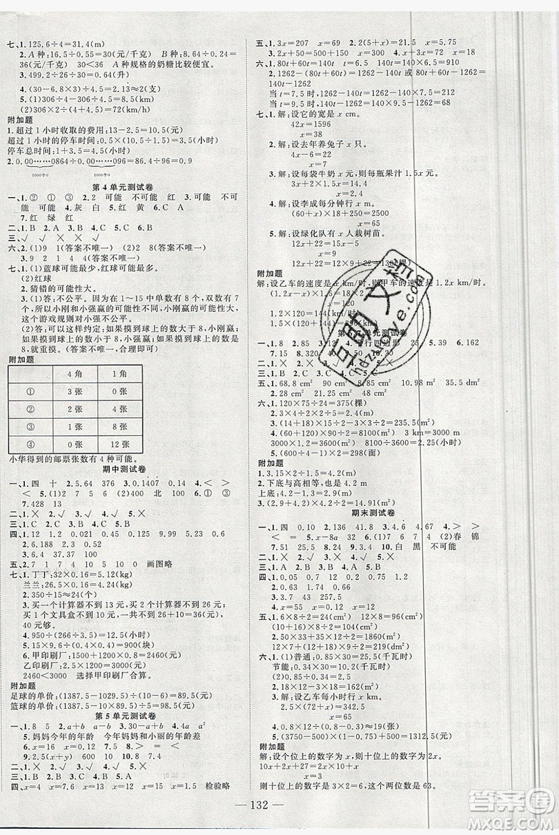 新疆青少年出版社2020新版原創(chuàng)新課堂數(shù)學(xué)五年級(jí)上冊(cè)人教版答案