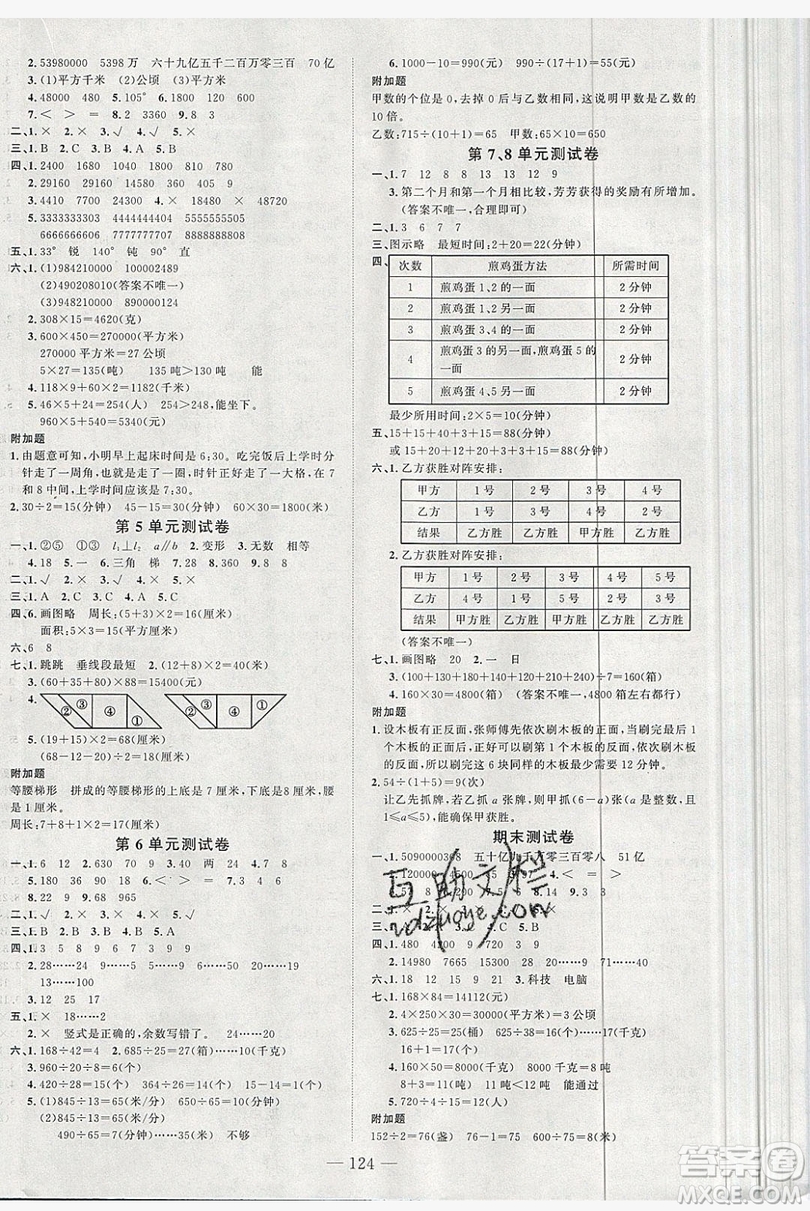 新疆青少年出版社2020新版原創(chuàng)新課堂四年級數(shù)學(xué)上冊人教版答案