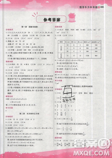 2019新概念小學年級暑假銜接教材5升6年級數學參考答案