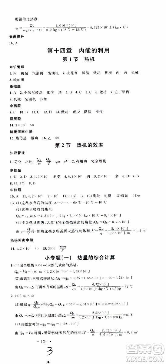 2019年名校課堂九年級(jí)物理上冊(cè)RJ人教版河南專版參考答案