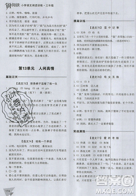 2019新版銳閱讀小學(xué)語文閱讀訓(xùn)練100篇三年級通用版參考答案