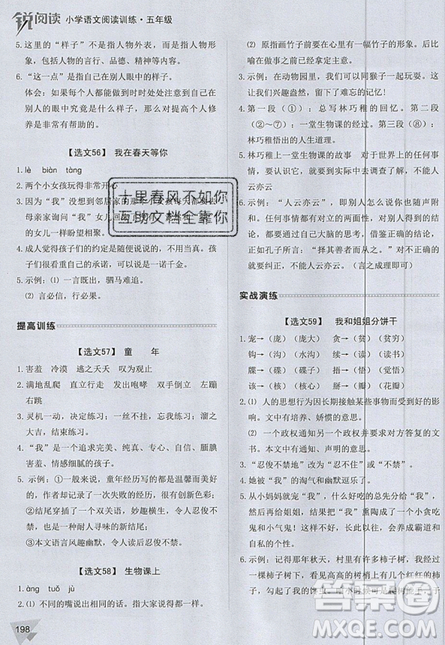 2019新版銳閱讀小學(xué)語文閱讀訓(xùn)練100篇五年級通用版參考答案