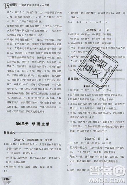 2019新版銳閱讀小學(xué)語文閱讀訓(xùn)練100篇六年級通用版參考答案