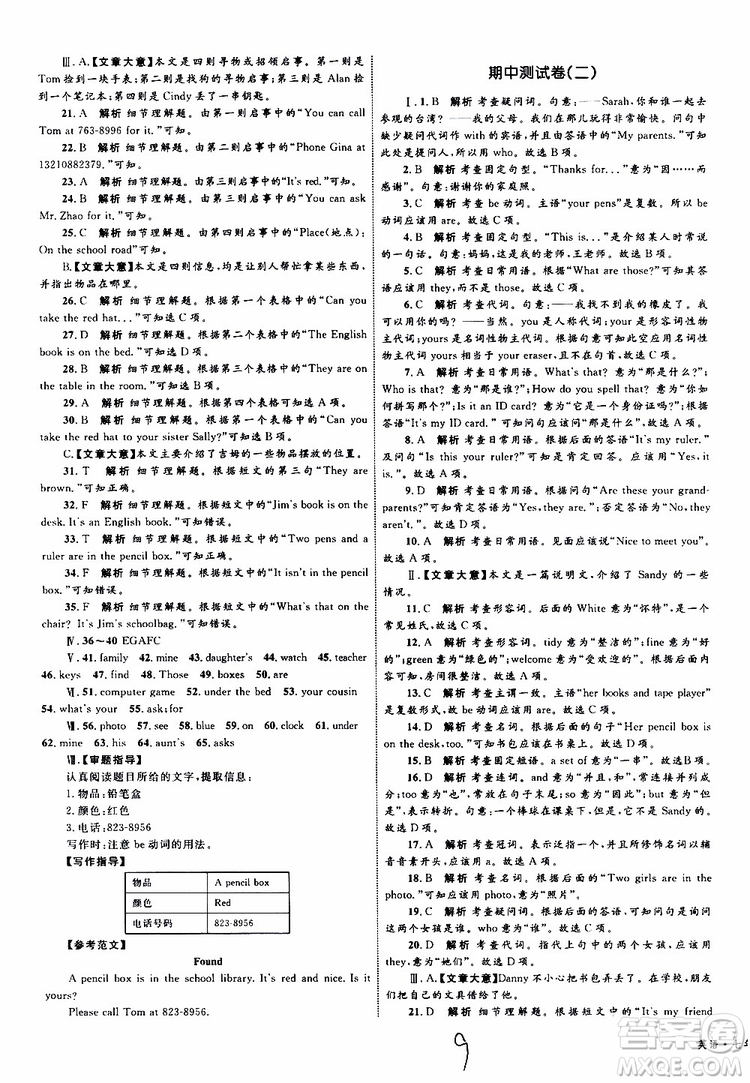 2019年優(yōu)化設(shè)計(jì)單元測(cè)試卷七年級(jí)上冊(cè)英語(yǔ)RJ人教版參考答案