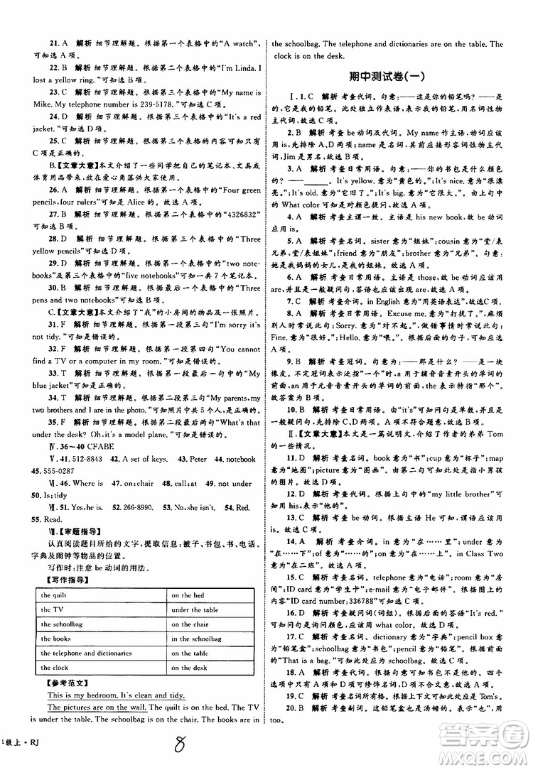 2019年優(yōu)化設(shè)計(jì)單元測(cè)試卷七年級(jí)上冊(cè)英語(yǔ)RJ人教版參考答案