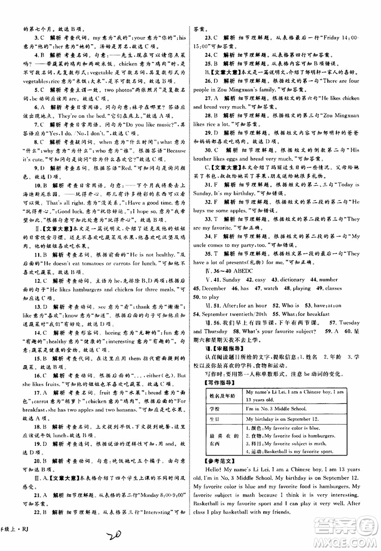 2019年優(yōu)化設(shè)計(jì)單元測(cè)試卷七年級(jí)上冊(cè)英語(yǔ)RJ人教版參考答案