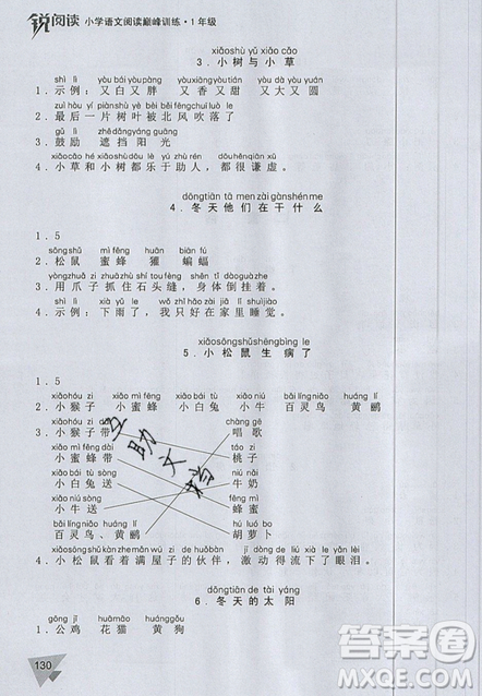 文化發(fā)展出版社2019銳閱讀小學語文閱讀巔峰訓練一年級參考答案