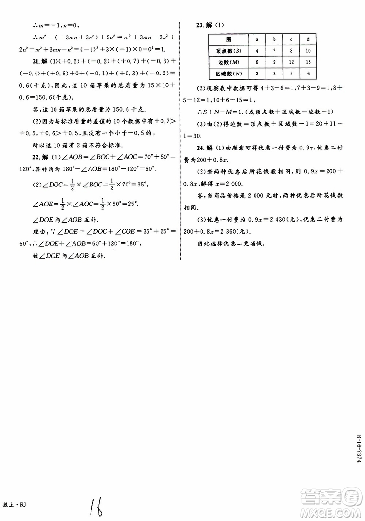 2019年優(yōu)化設(shè)計單元測試卷七年級上冊數(shù)學RJ人教版參考答案