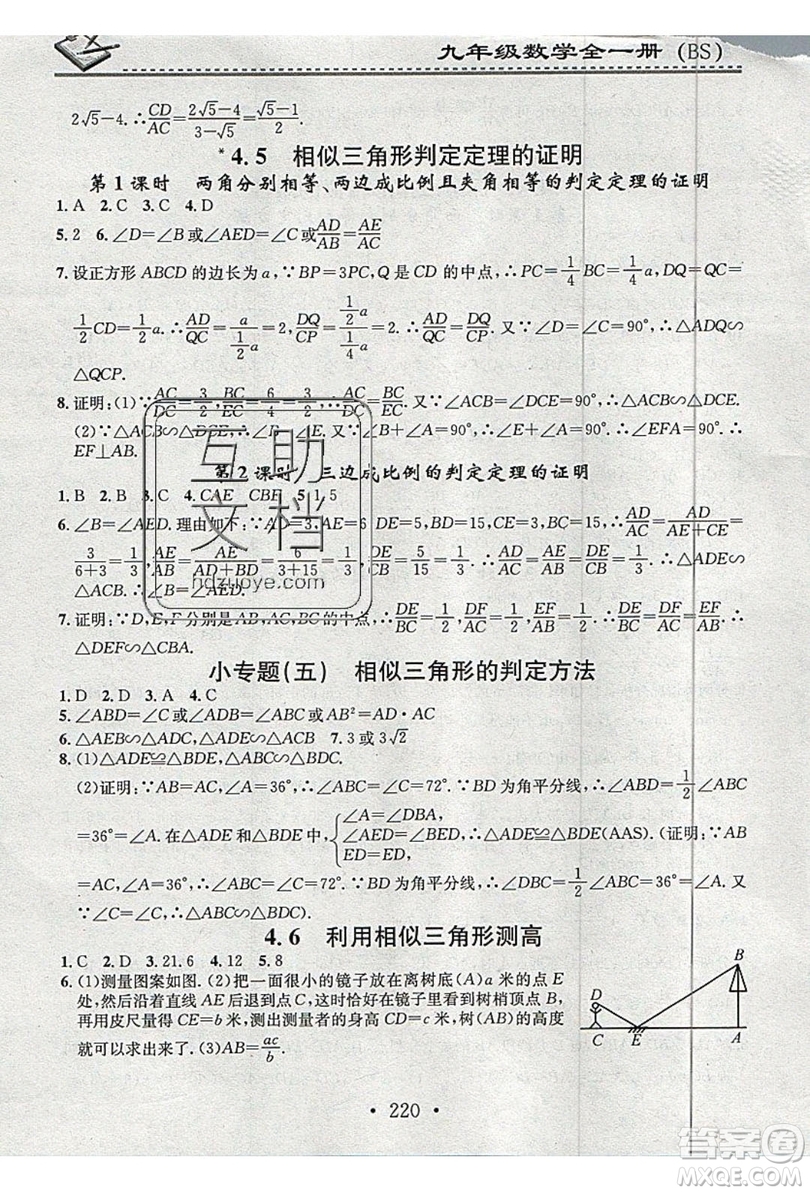 2019名校課堂小練習(xí)九年級數(shù)學(xué)全一冊北師大版答案