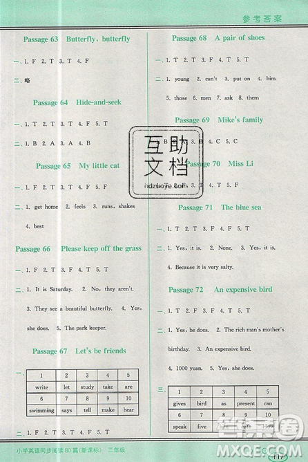 李光明主編2019點津英語小學(xué)英語同步閱讀80篇三年級參考答案