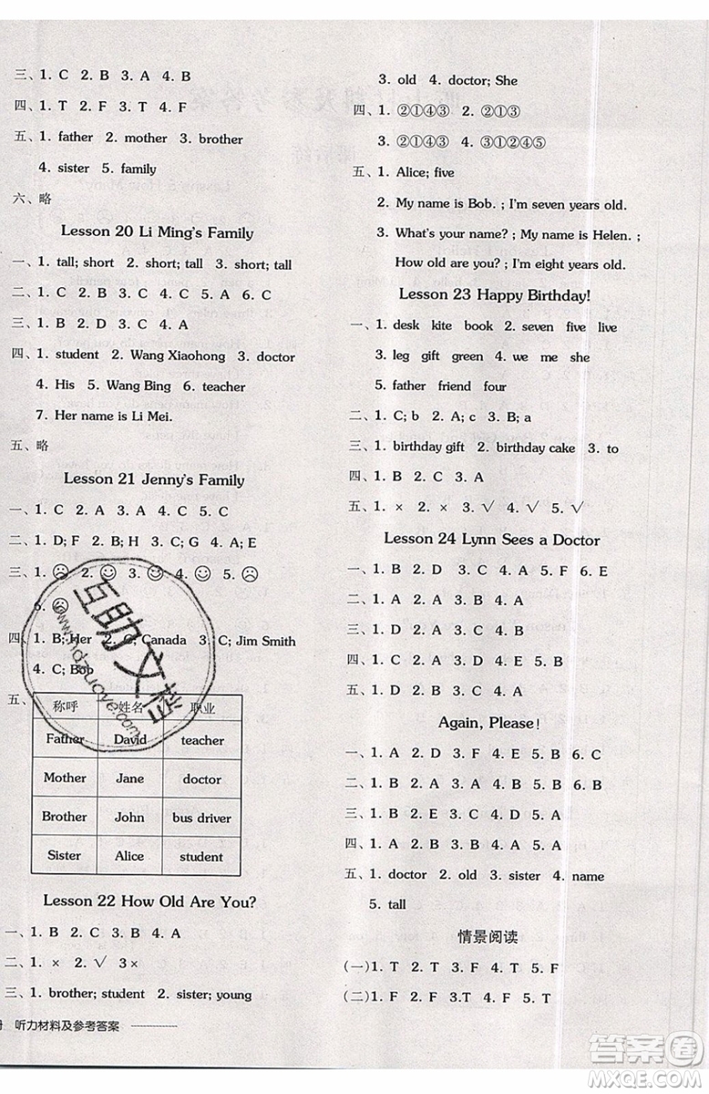 2019年全品學(xué)練考三年級(jí)上冊(cè)英語(yǔ)新課標(biāo)JJ冀教版參考答案