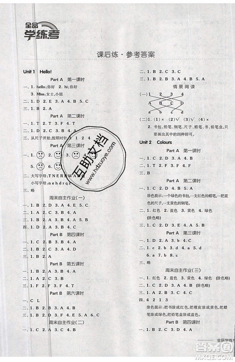 2019年全品學(xué)練考三年級(jí)上冊(cè)英語新課標(biāo)RJPEP人教版參考答案