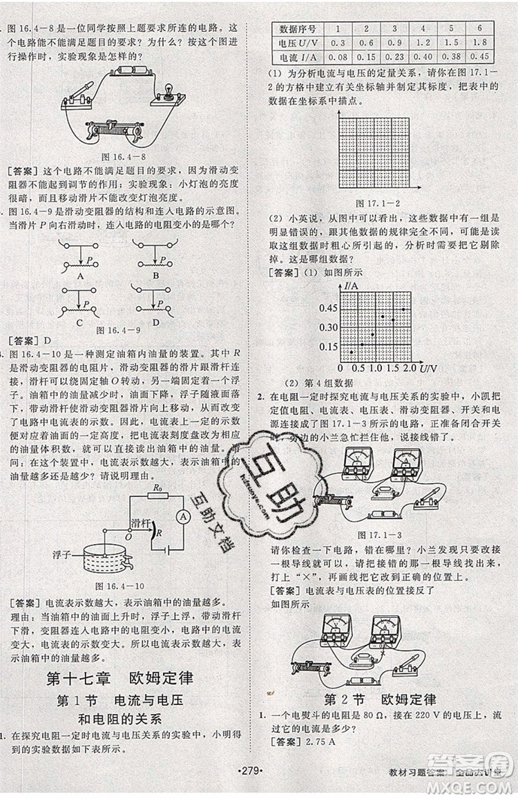 2019年全品大講堂物理九年級(jí)上冊(cè)人教版RJ參考答案及教材習(xí)題答案